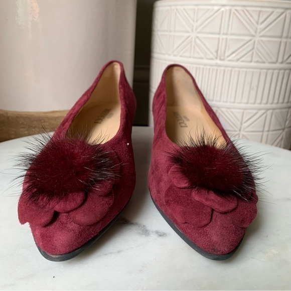 NEW Sesto Meucci Red Suede Ballerina Slip On Pumps with Rabbit Fur Pom size 7 - Picture 2 of 12